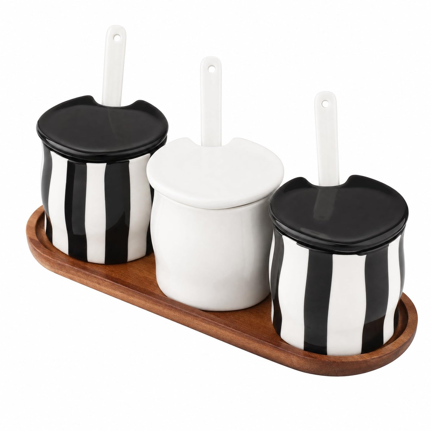 Ceramic Spice Jar Set of 4 pcs,8 oz Porcelain Condiment Jar Spice Container with Lids， kitchen ceramic salt pot set Black and White Zebra Print, Striped Seasoning Containers with Wooden Tray