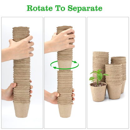 KINGLAKE Biodegradable Small Plant Pots Fibre Seedling Pots, 6cm 100Pcs Compostable Flower Seed Pots for Planting Vegetables, Fruits, Herbs with 100 Plant Labels