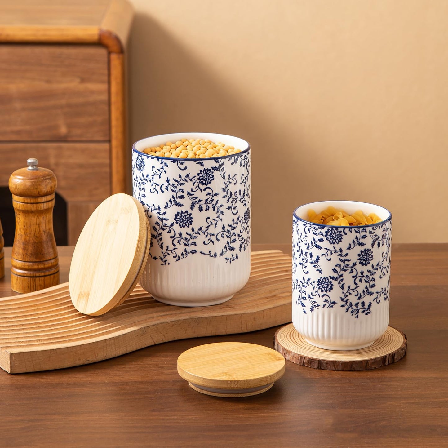 Cerkik Canisters Sets for the Kitchen - 2 Pcs 36/18 oz Ceramic Kitchen Containers for Countertop with Airtight Wood Lids - Flour and Sugar Containers for Coffee Tea Spice Beans Cookie Jars - Blue
