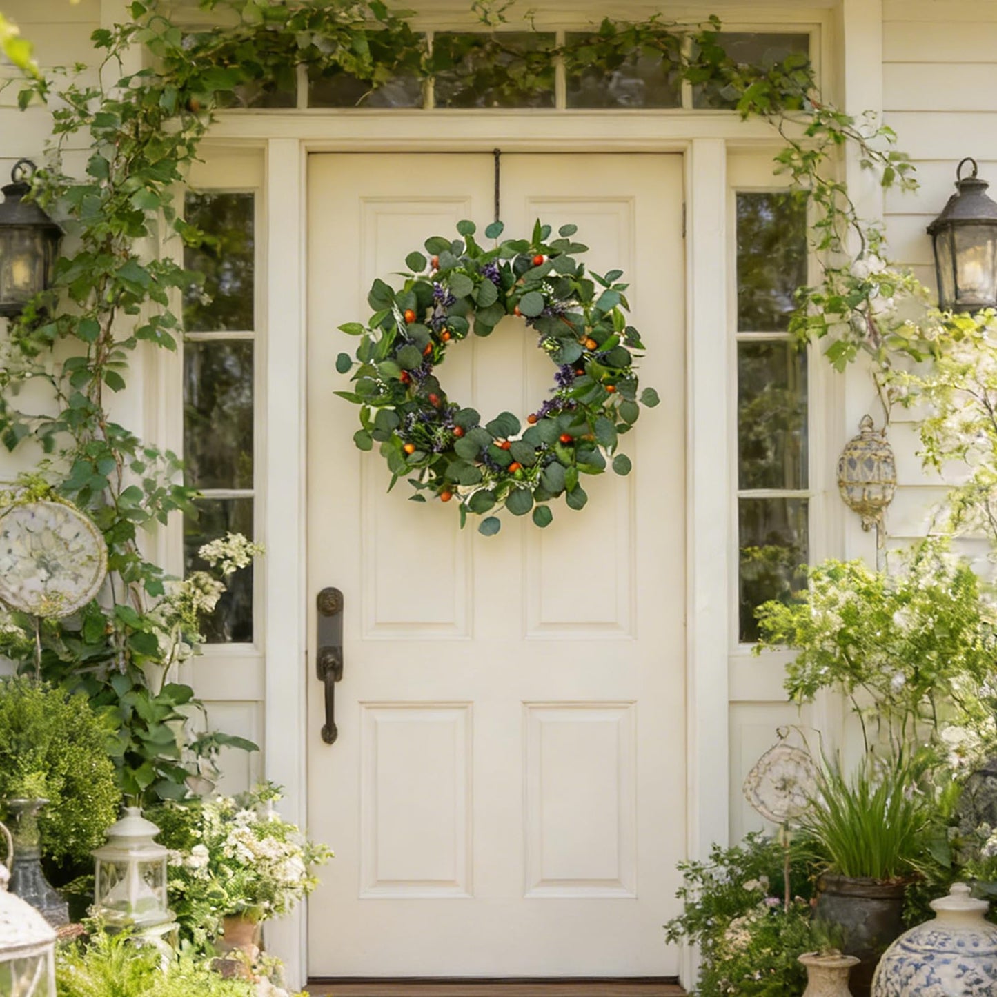 TEMPUS 22" Eucalyptus Wreath for Front Door - Pre-Fluffed Greenery Wreath with Olive Leaves & Hazelnuts, Farmhouse All-Season Door Decor