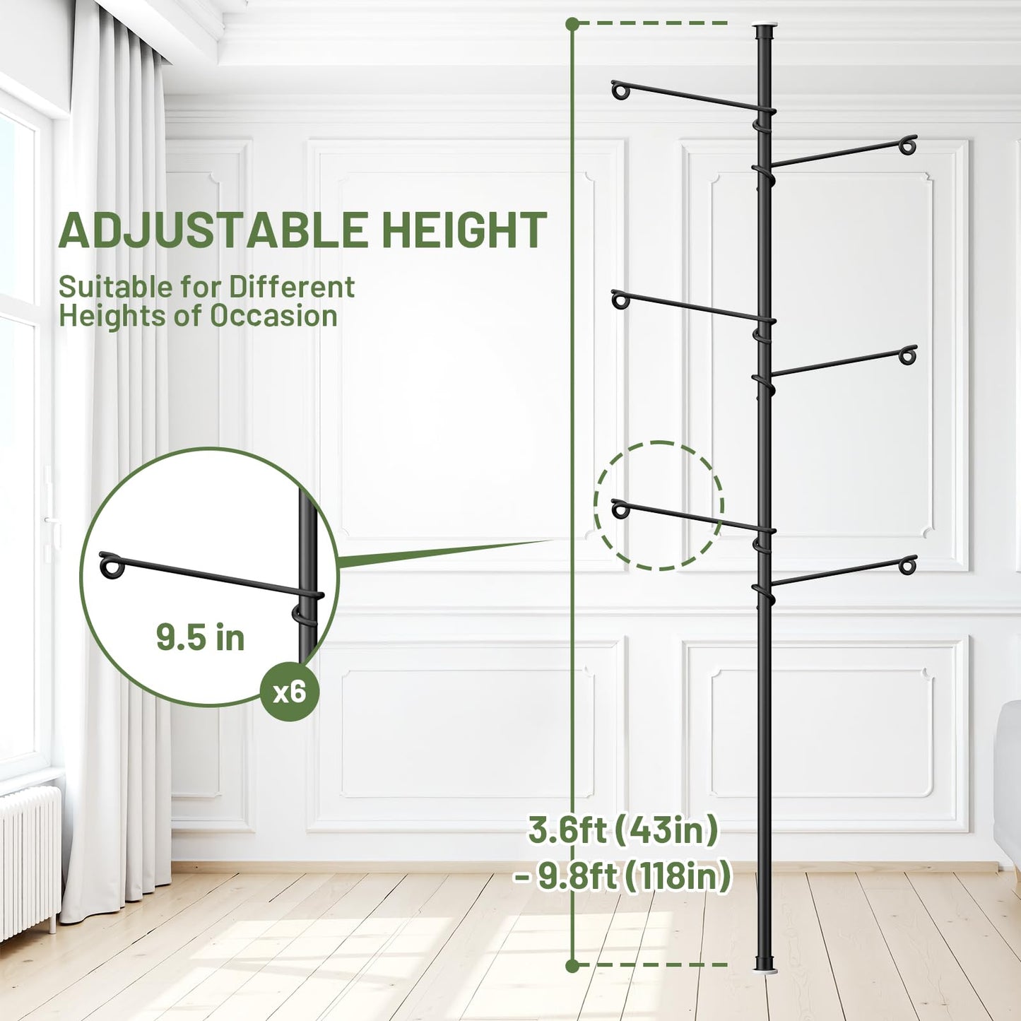 Zononoca Tension Rod Plant Stand, Plant Poles for Hanging Plants Indoor, Metal Floor to Ceiling Hanging Plants Stand, Tension Pole Plant Stand with 6 Hooks (Fit 3.6-10ft)