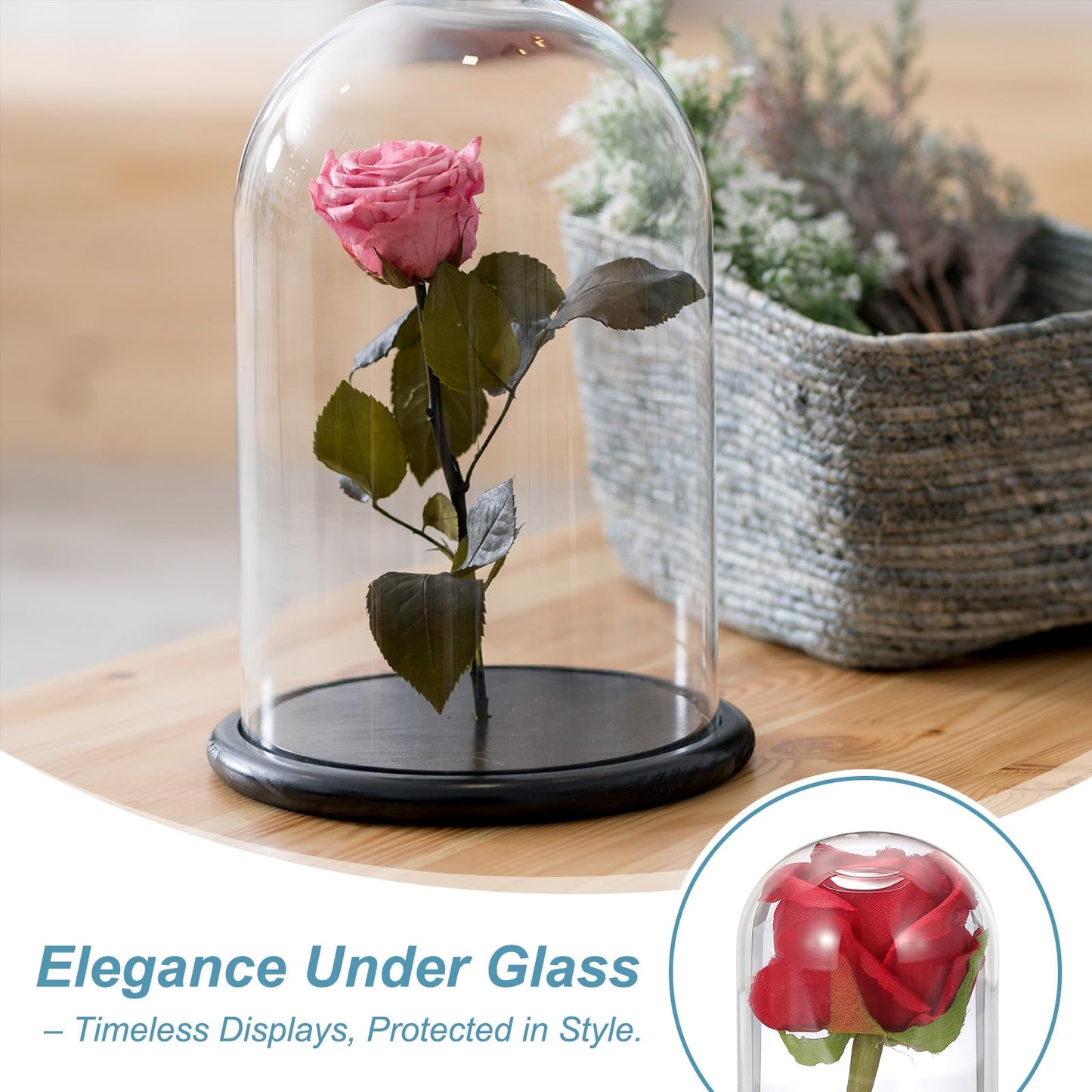 uxcell Glass Cloche Display Dome, 5.1" x 3.9" Glass Dome Display Case, Wood