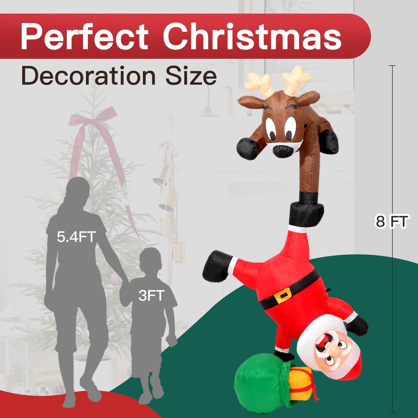 8FT Hanging Christmas Inflatables Decorations Outdoor，Blow Up Christmas Reindeer and Climbing Santa Claus with Built-in LEDs Lights for Indoor Holiday Party Yard Garden Lawn Décor