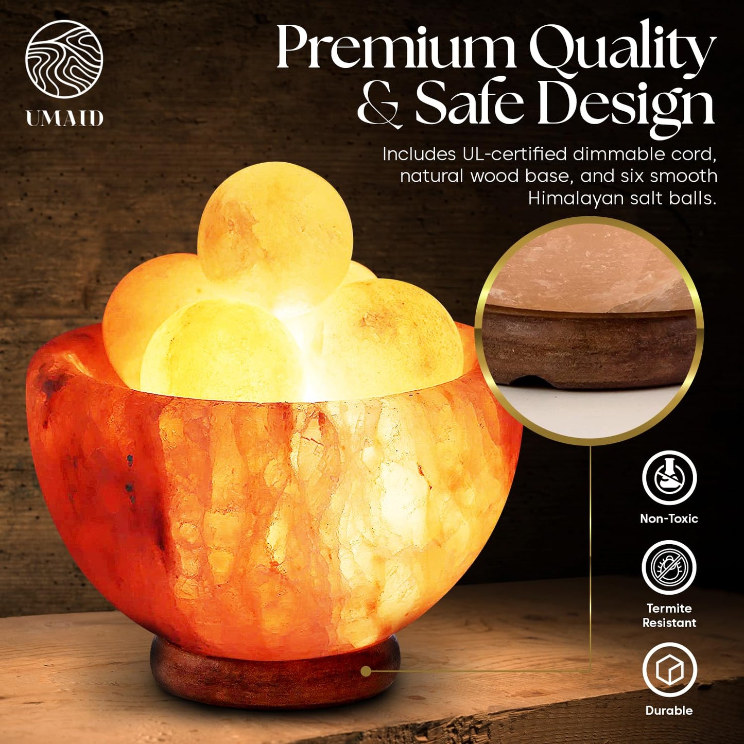 UMAID Himalayan Salt Lamp Bowl with 6 Himalayan Salt Massage Stones, Dimmable Pink Rock Salt Lamp for Bedroom, Office Desk & Meditation Room, Spa Decor, Relaxation Home Decor Gifts for Men & Women