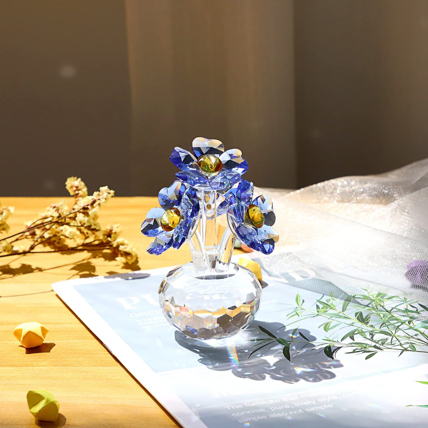 OwnMy Blue Crystal Forget Me Not Flowers Figurines Collectibles Sparkle Crystal Forget-Me-Not Flowers Decor, Small Glass Flowers Paperweight Ornament for Home Office Tabletop