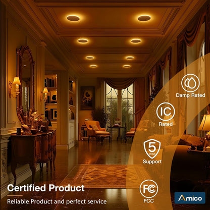 Amico 12 Pack 6 Inch 5CCT LED Recessed Ceiling Light with Night Light, 2700K/3000K/3500K/4000K/5000K Selectable Ultra-Thin Lighting, 12W=110W, 1100LM, Dimmable Canless Wafer Downlight ETL&FCC