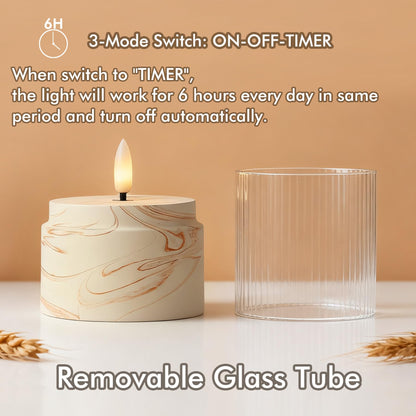 Fanna 3 Flameless LED Candles with Timer Function in Marble Texture, Battery Operated Glass Candles for Home Decor and Table Centerpieces, Cream and Burnt Orange Design - H 4" / 5" / 6"