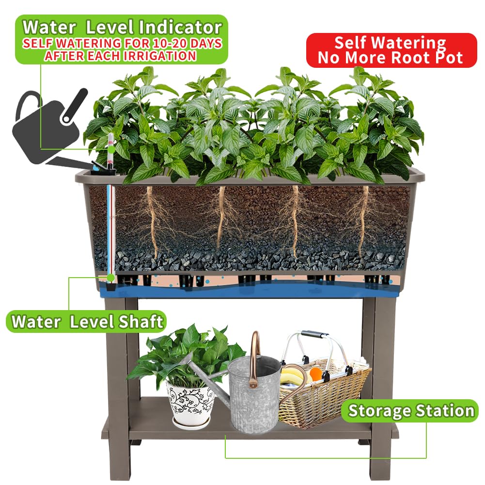 Megawodar 3 Pcs Self Watering Elevated Raised Garden Bed, Large Outdoor Plastic Planter Box Big Flower Plant Pot for Planting Flowers Vegetables and Herbs (3, Khaki)
