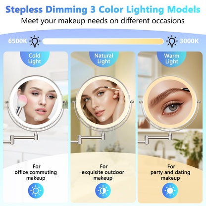 ALHAKIN 9" Wall Mounted Lighted Makeup Mirror, Large Rechargeable 1X/10X Magnifying Mirror with 3 Color Lights Dimmable, 360° Rotation, Nickel