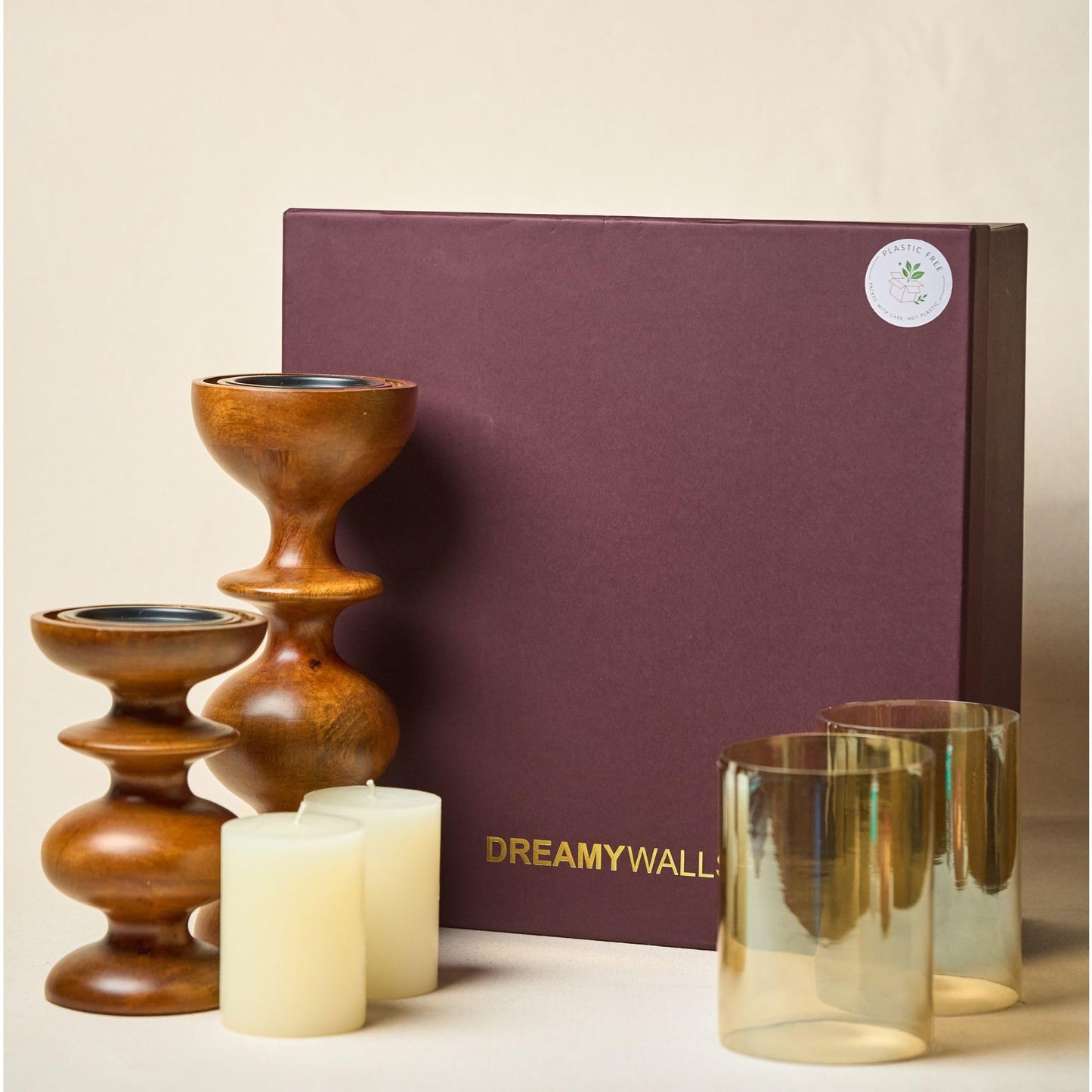 Wooden Hurricane Glass Candle Holder, Gift Set - 2 Baluster Candle Holders, 2 Hurricane Domes & 2 Pillar Candles | Gift for Wedding, Christmas, Housewarming | Handmade in India
