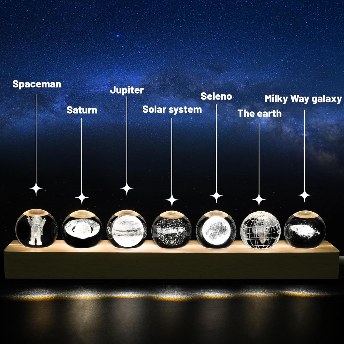 Eicxjui 7Pcs Planet Crystal Ball Night Light with LED Wooden Base Solar System Galaxy Saturn Moon Lamp Room Decor Astronomy Space Gifts Birthday Christmas