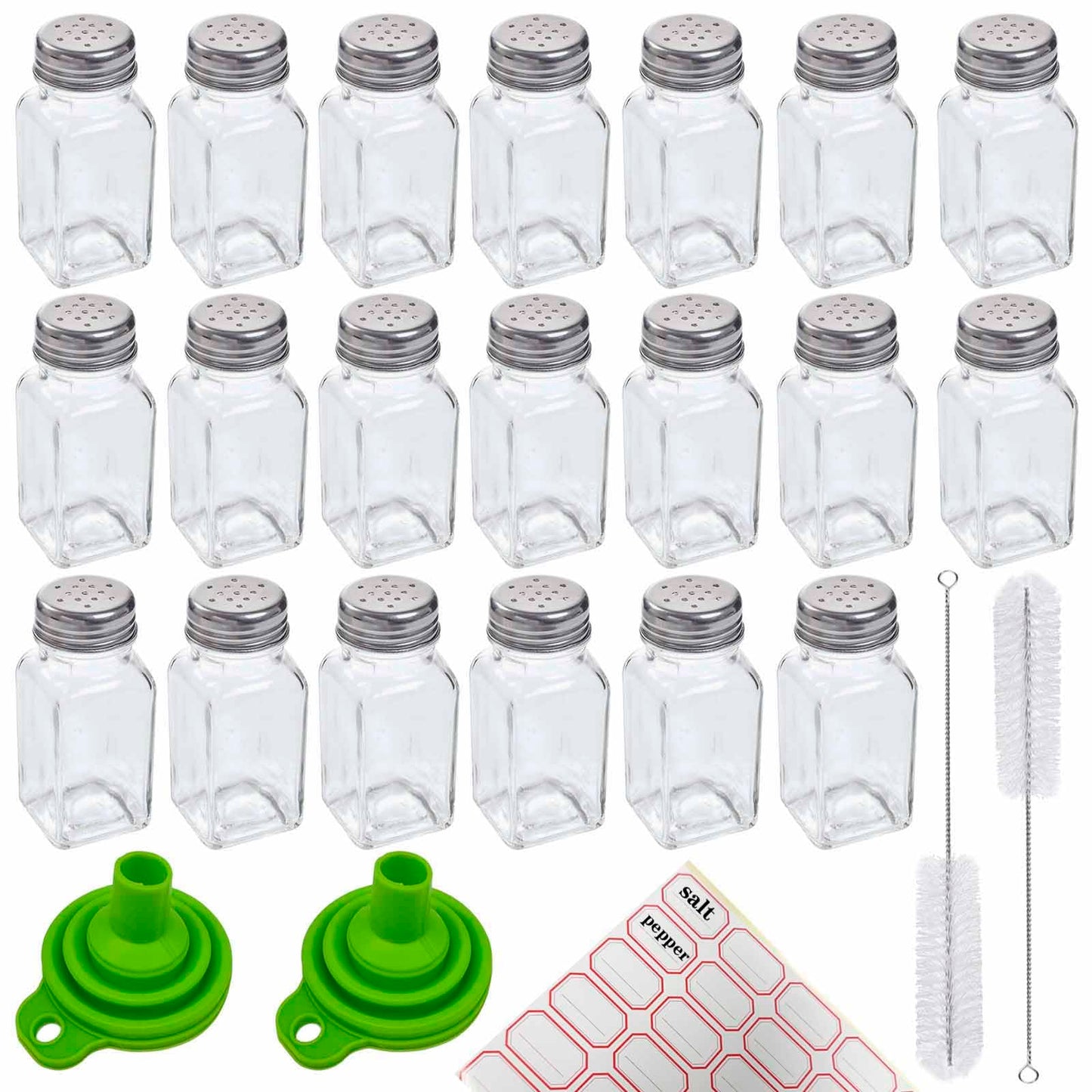 QISF 24 Pack Glass Salt and Pepper Shaker Set with Brush and Foldable Funnel, 1.75" x 3.75" Clear Spice bottle for Kitchen, Restaurants, Catering