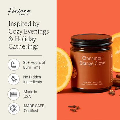 Fontana Candle Co Wood Wick Beeswax Jar Candle, Cinnamon Orange Clove – Made Safe with Coconut Oil & Pure Essential Oils – 35+ Hrs Clean Burn, Long Lasting and Non-Toxic Candles for Home & Room Decor