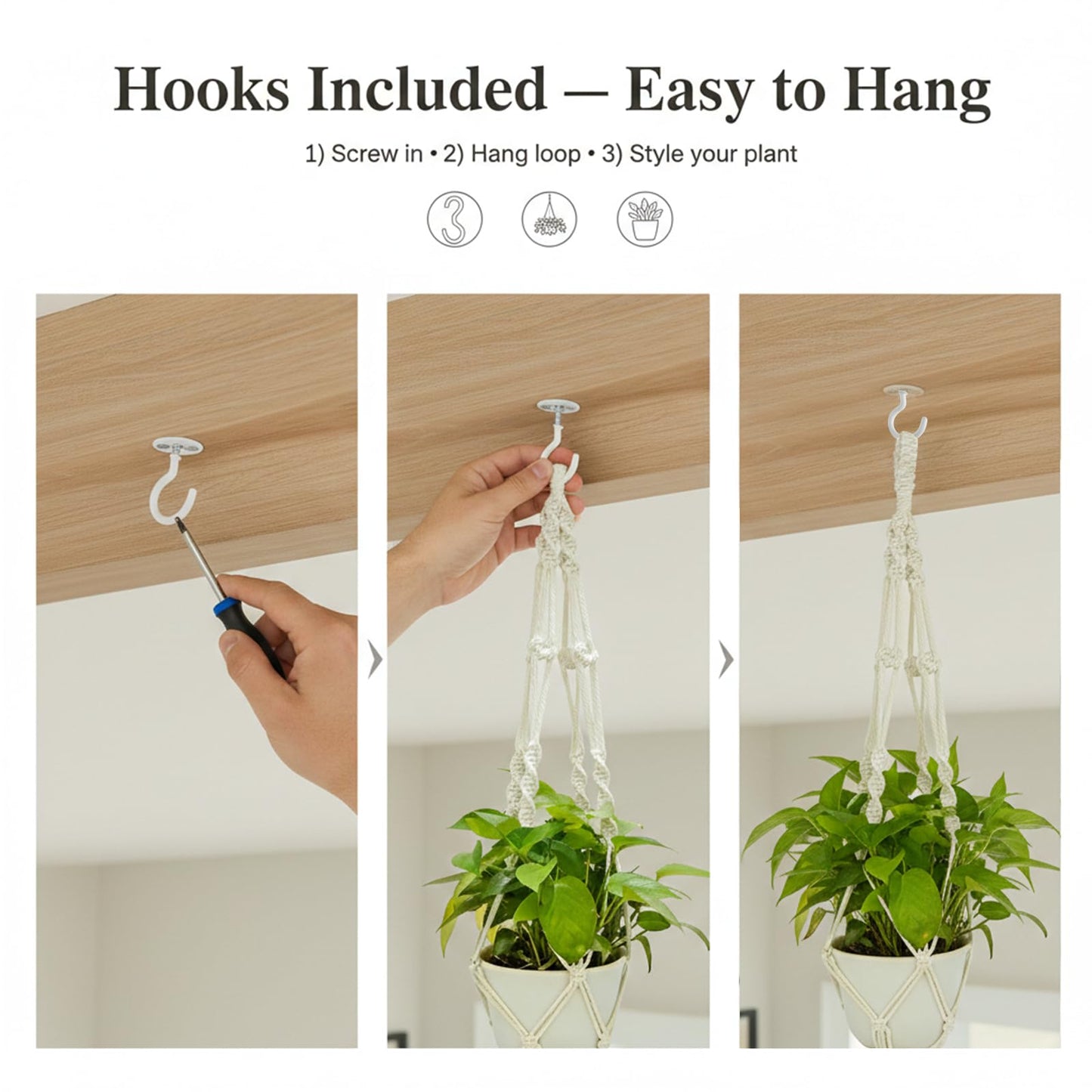 Newnessai 3Pcs Boho-Chic Plant Hangers with Hooks, Ivory Cotton Rope for Indoor/Outdoor Use, Fits 6-10 Inch Pots (Pots Not Included)