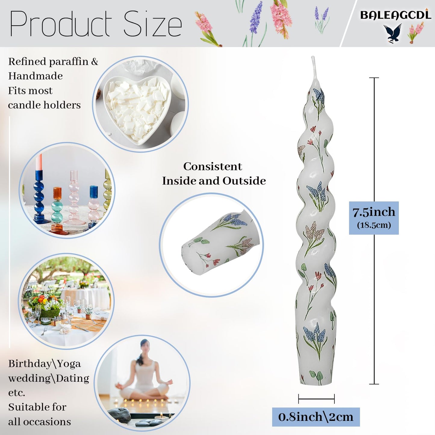 Hyacinth Spiral Candle Sticks Floral Printed Taper Candle Handmade Twisted Candlesticks 7.5 Inch Short Tapered Candles for Home Wedding Women Gifts Set of 2