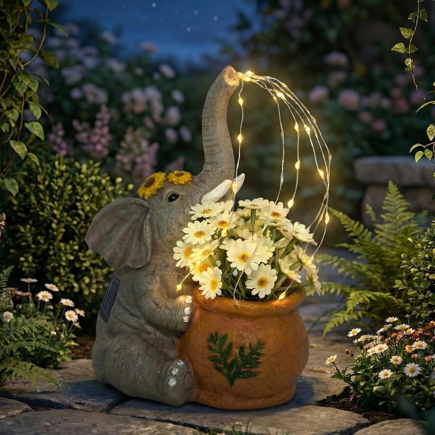 Joint Honglin Solar Elephant Planter Garden Statue with Watering Fairy Lights, Flower Pot with Artificial Daisies, Outdoor Resin Solar Garden Decor for Yard Lawn Patio Porch (Elephant)
