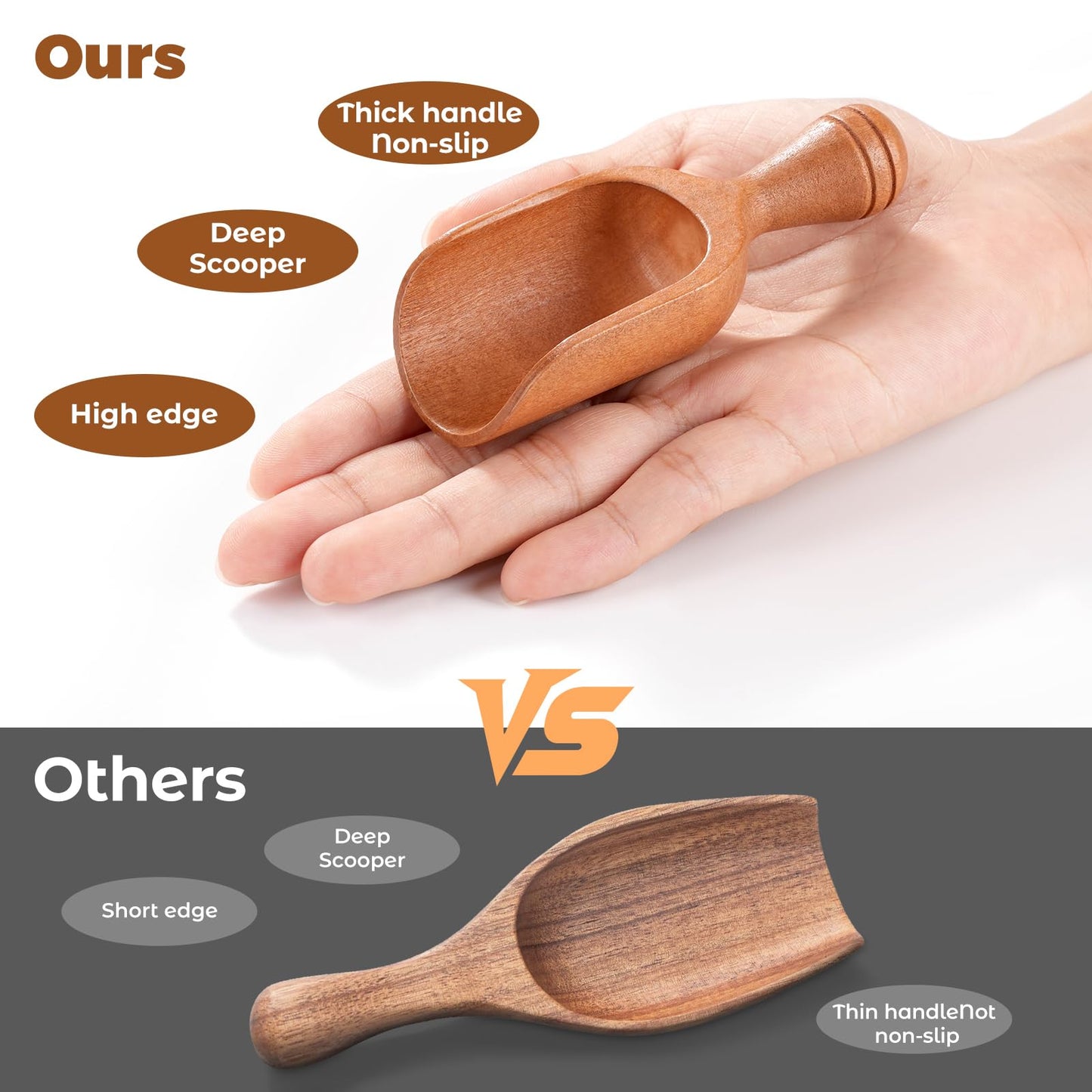 KVEKVE 6 PCS Wooden Coffee Scoops for Canisters, Small Wood Scoop Set with Long Handle, Deep Measuring Scoop for Ground Coffee, Beans, Tea, Sugar, Flour, Spices, Bath Salt & Laundry Powder