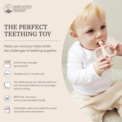 Matchstick Monkey, Original Teether & Gel Applicator, Antimicrobial Silicone Teething Toys for Baby, Easy to Grip, BPA Free, 3 Months Old+, 10.5 cm, Dusty Pink Monkey