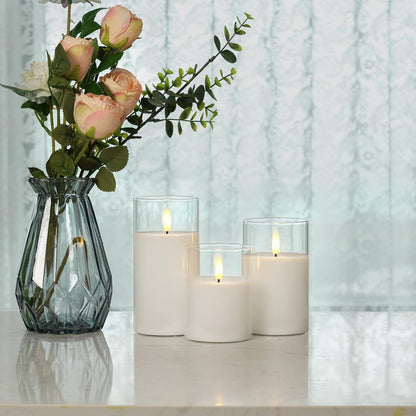 Homemory Clear Glass Flameless Candles, Pure White Wax Battery Operated Candles, LED Pillar Candles with Remote Control and Timers, D3 H4 5" 6", Set of 3
