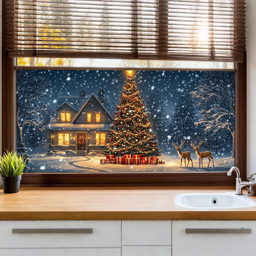 WDESYADMS Window Film 39X17 Inch PVC Winter Christmas Tree House Scene Decorative Window Film for Seasonal Privacy and Holiday Glass Decoration
