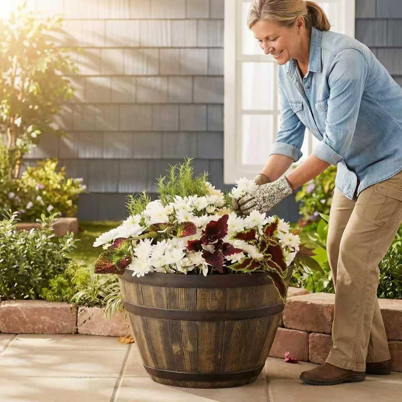 19.9 Inch Rustic Whiskey Barrel Planter - Durable Lightweight Plastic Plant Pot with Easy Knock-Out Drainage Holes, Indoor/Outdoor Barrel Planter for Outdoor Plants