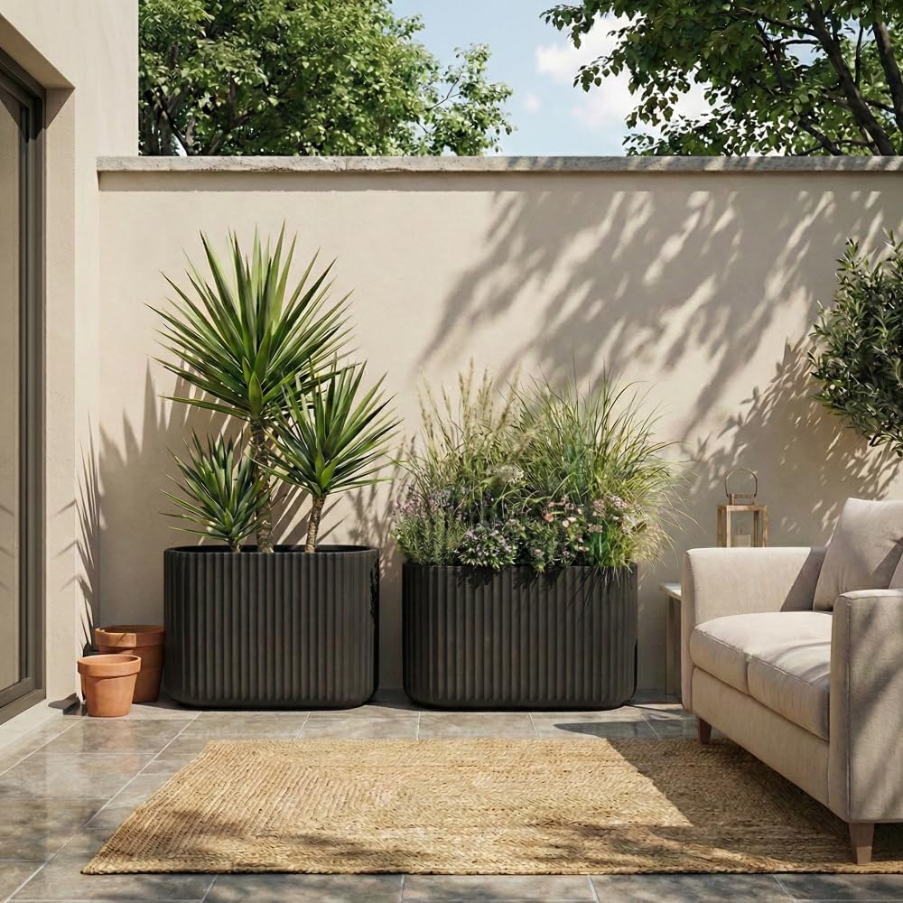 Wil & Vic 89s 15" H x 24" L Sirius Fiberglass Planter, Round Indoor and Outdoor Plant Pot with Drainage Hole, Lightweight, Durable Minimalist Home, Included Extra Coco Mats, Black