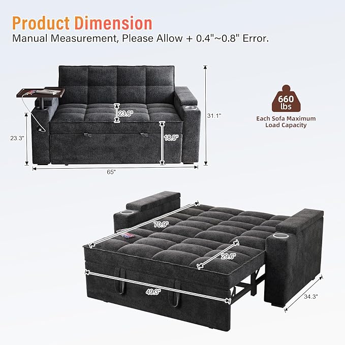 65" Chenille Convertible Sofa Bed