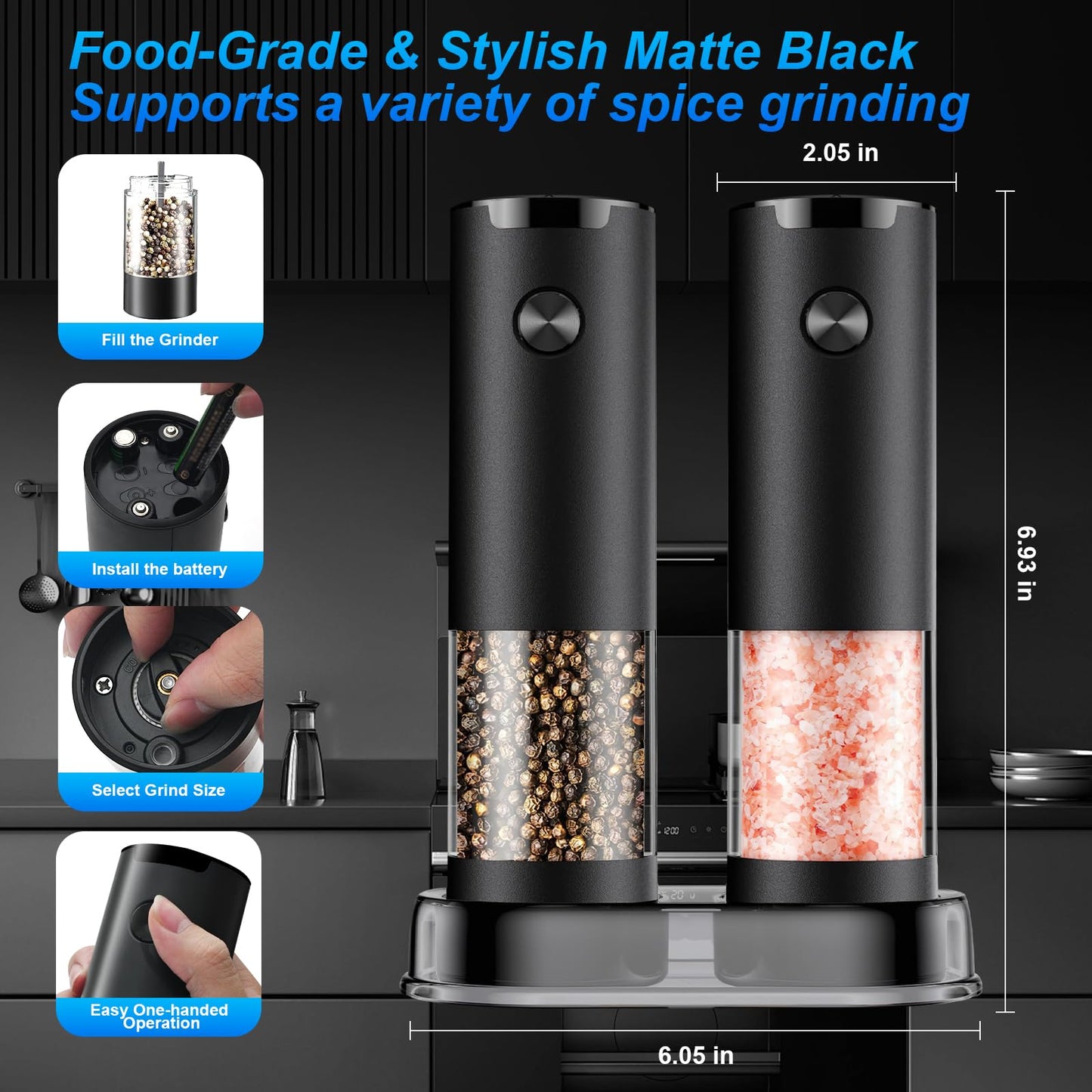 JIDSPWLS Electric Pepper and Salt Grinder Set（2 Pack Black/Black）Adjustable Coarseness Salt & Pepper Mill,With LED Light,Easy to Clean,Battery Powered,One Handed Operation,Kitchen Essential