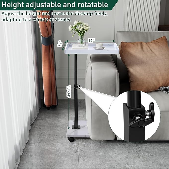 C Table End Table Adjustable Height, 360°Swivel TV Tray Table