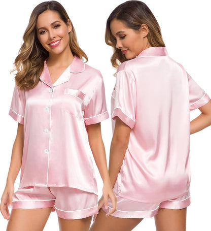SWOMOG Womens Silk Satin Pajamas Set Short Sleeve Sleepwear Button Down Top and Shorts Loungewear 2 Piece Pjs Set XS-3XL