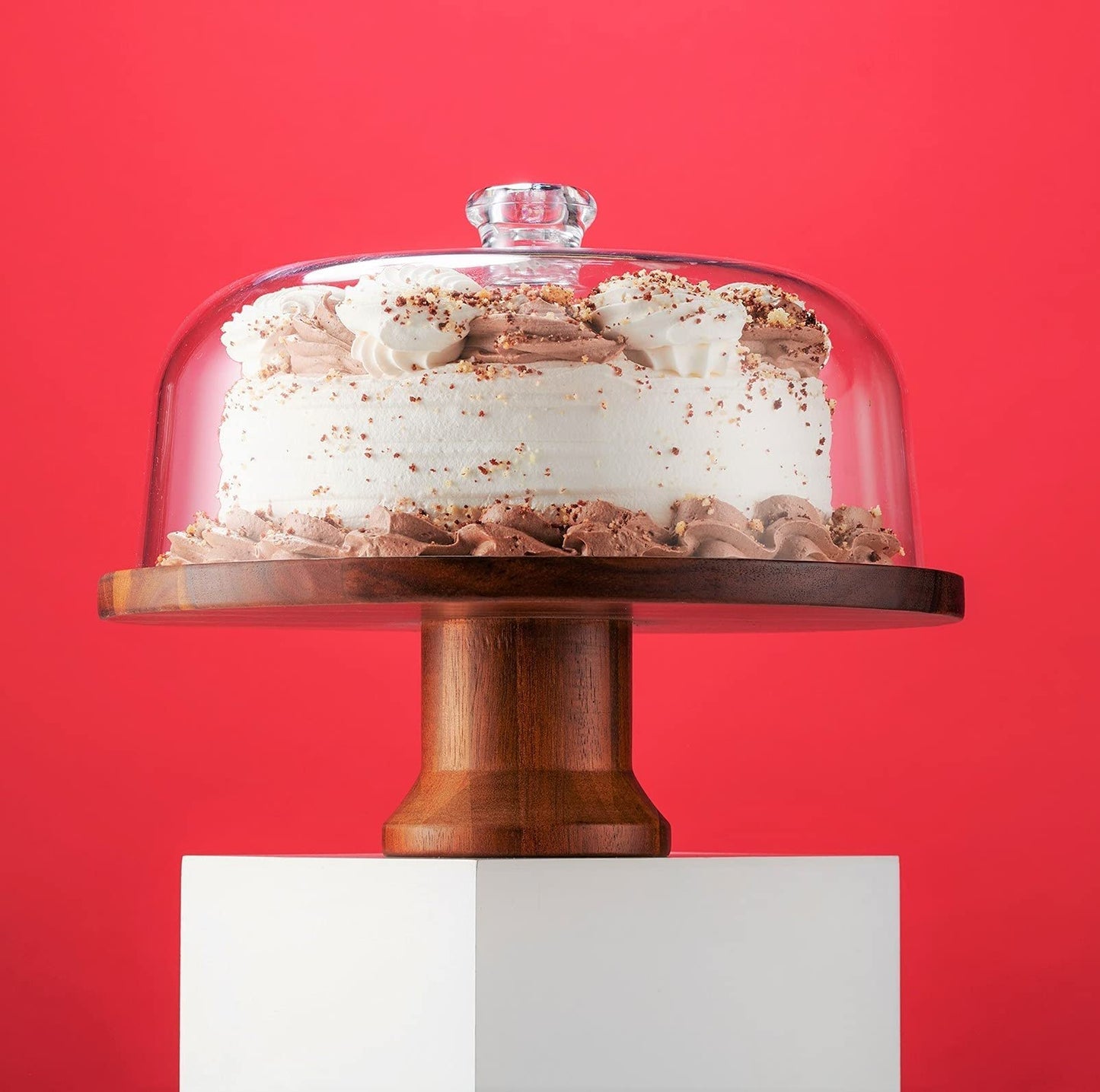 Godinger Footed Cake Plate, Acacia Wood and Shaterproof Acrylic Lid, Cake Stand with Dome