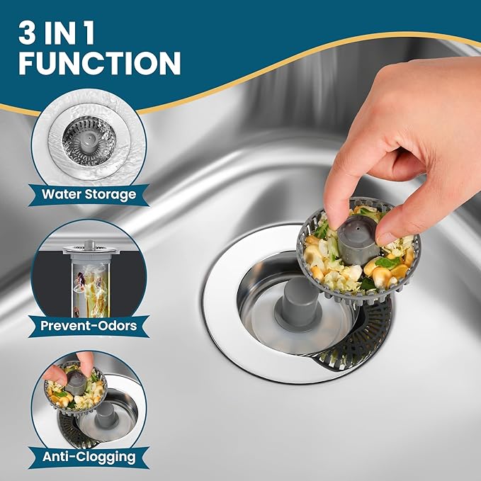 3-in-1 Kitchen Sink Strainer & Stopper, Stainless Steel Finish Pop Up Drain