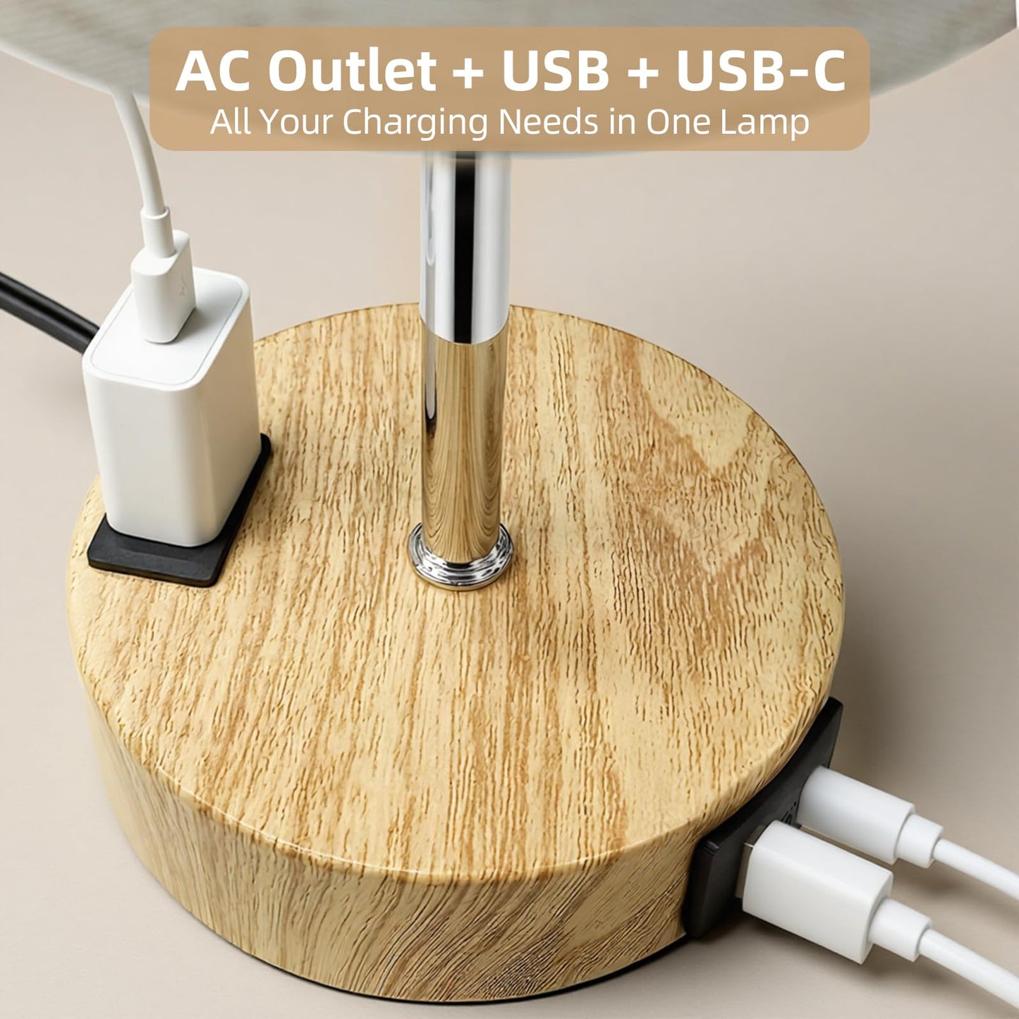 Fitfull Table Lamp for Nightstand, High-Sensitivity Touch, 3-Level Dimmable Bedside Lamp with AC Outlet | USB | and USB-C, Ideal Night Stand Lamp for Bedroom, Reading, Living Room(Warm&Wooden)