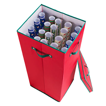 Wrapping Paper Storage Box- Holds 20 Rolls of 30” Gift Wrap-Upright Container with Lid, Dividers & Handles-Christmas & Birthday Wrap by Elf Stor (Red)