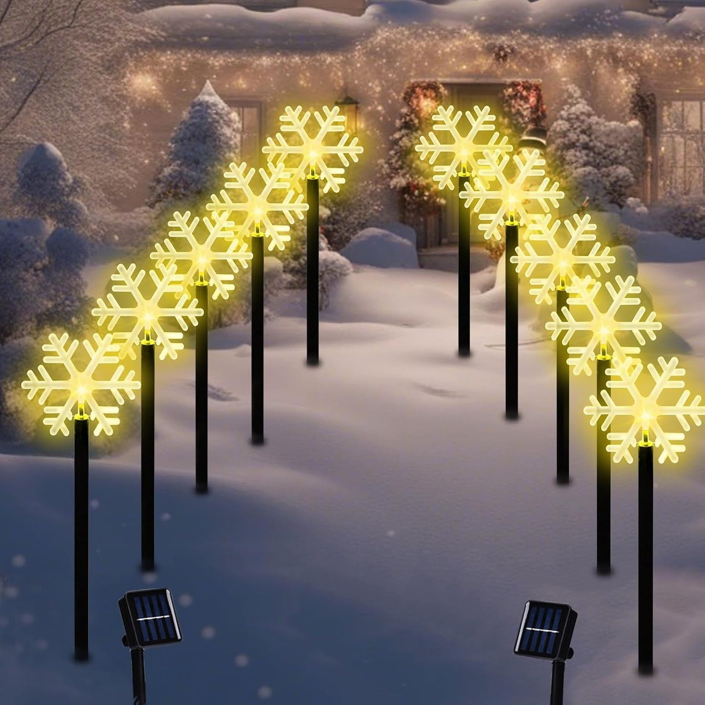 BRIGHTDECK Snowflake Solar Christmas Decorations Outdoor, 10 Pack LED Christmas Pathway Lights, Waterproof Snowflake Pathway Lights, Stake for Garden Decor (10Pcs Warm White)