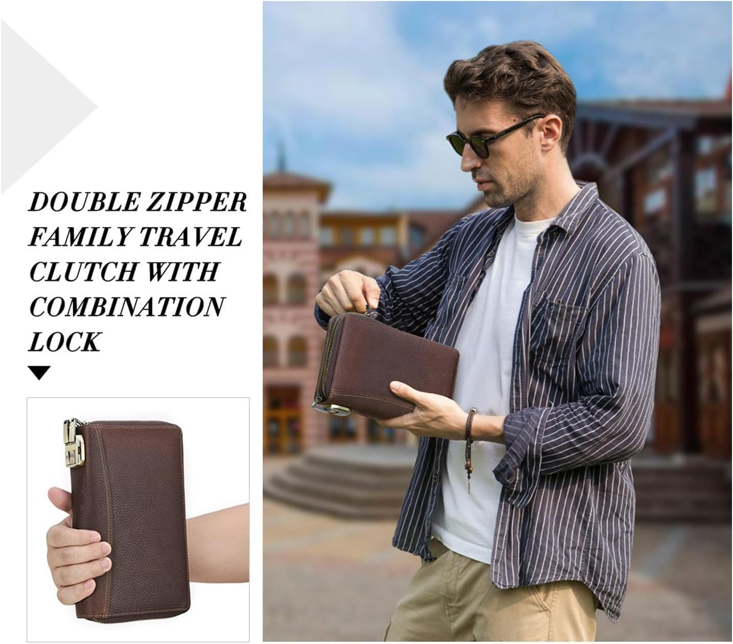Men's Full Grain Leather Travel Passport Wallet Large Capacity Wristlet Clutch Phone Organizer Purse (Coffee)