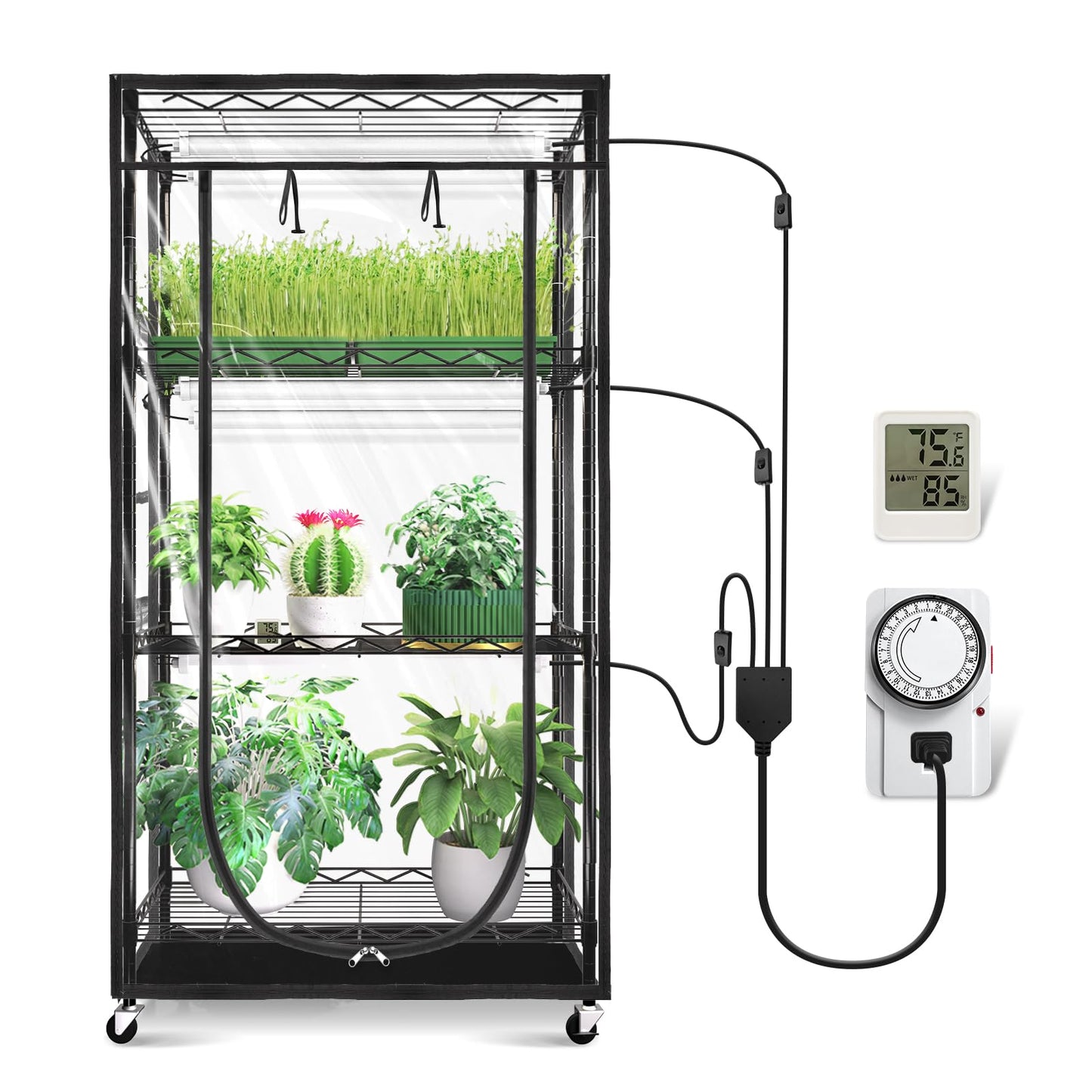 JESLED Indoor Greenhouse with Grow Light - Full Spectrum 5000K LED for Seed Starting, Tiered Lighting Control, Built-in Timer & Thermo-Hygrometer, Rolling Metal Plant Stand (23.6x13.8x59 in)