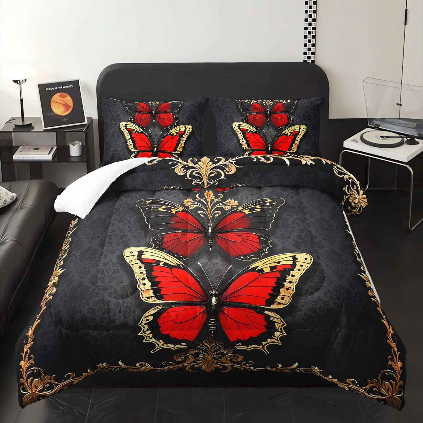 lneffble Red and Gold Butterfly Comforter Sets Queen Size Bed Set，Gothic Queen Size Bedding Set，with 1 Comforter with 2 Pillow Case，Butterfly Themed Bedroom Decor