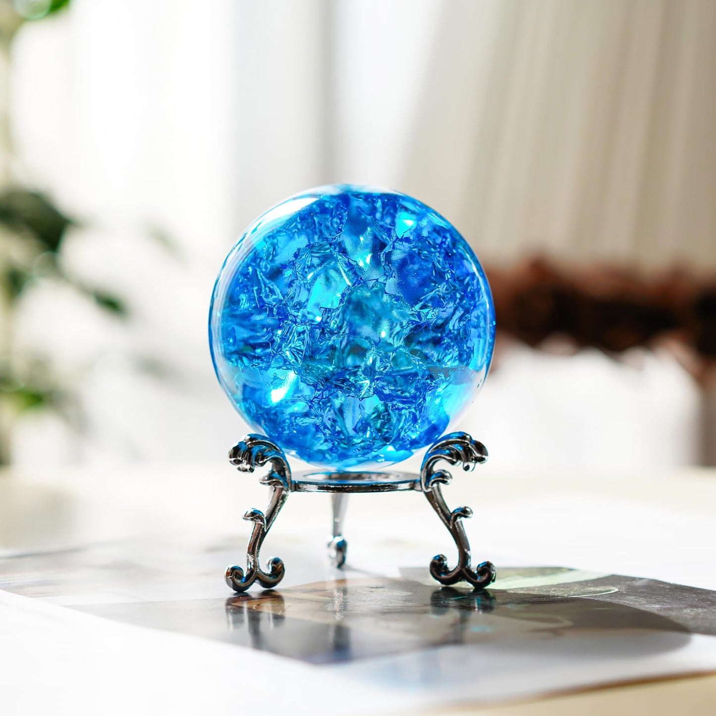 kanpura 60mm Ice Cracked Crystal Ball Paperweight Crystal Ball with Stand Glass Ball Ornament for Christmas Home Decor(Blue)