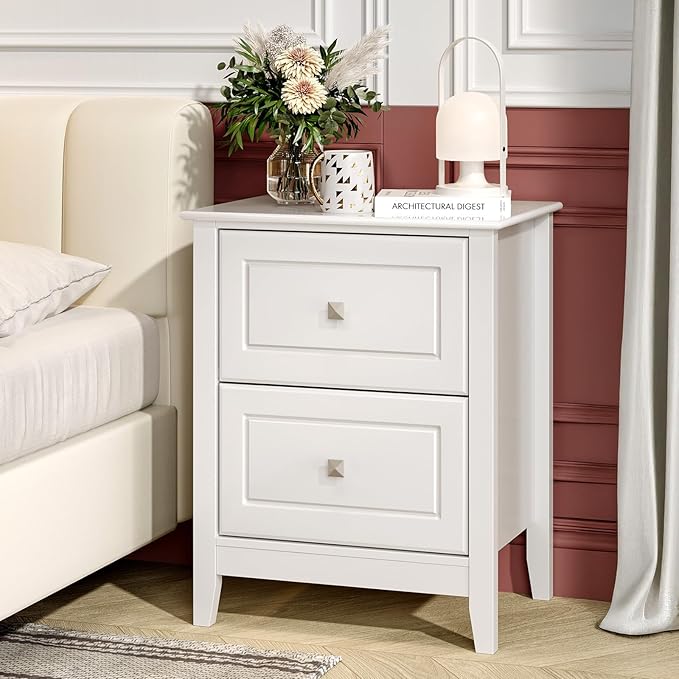 Bonnlo White Nightstand with Charging Station Night Stand White Wood Nightstand