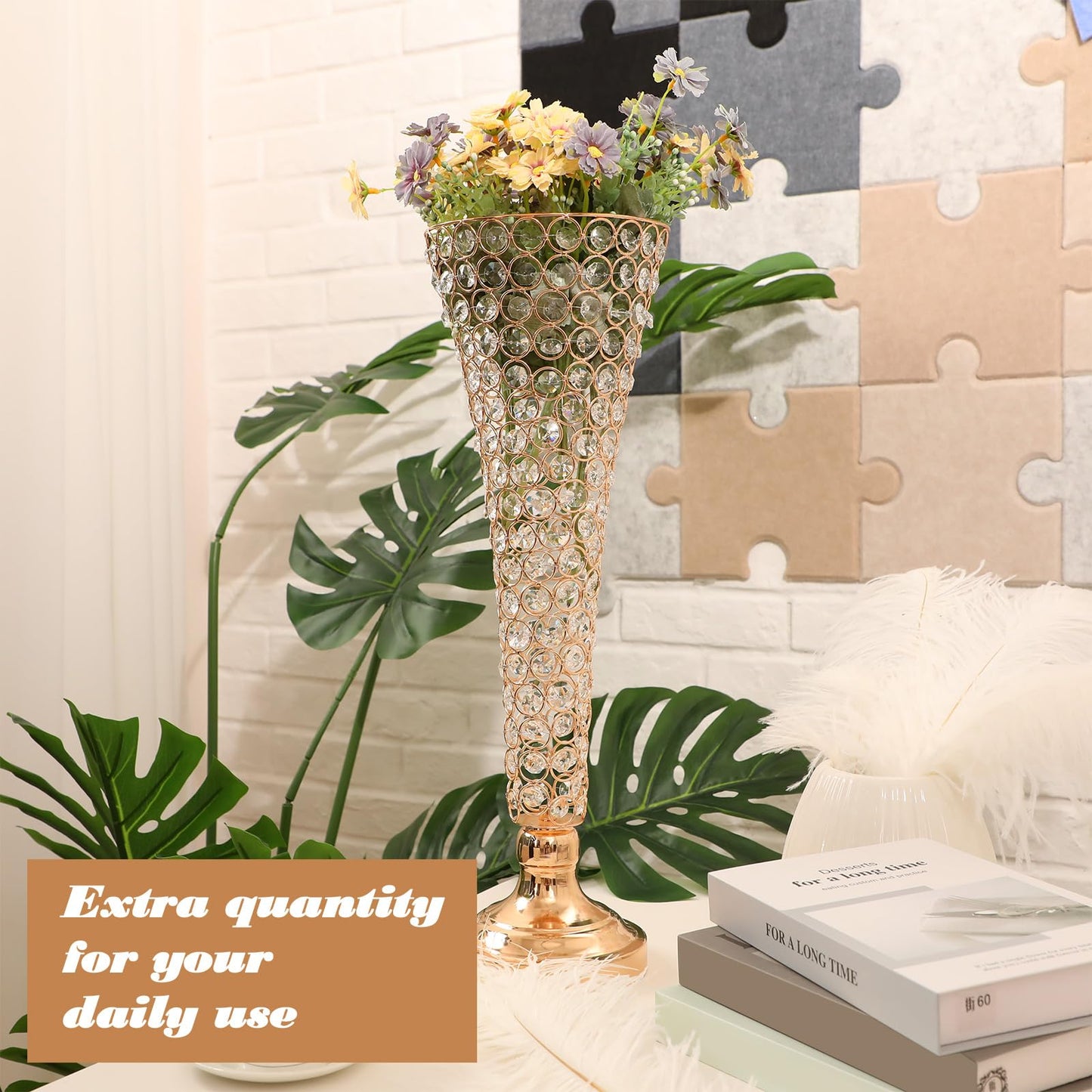 Rtteri 4 Pcs 20 Inch Tall Crystal Vase for Centerpieces Wedding Metal Crystal Trumpet Flower Vase Stand for Holiday Table Floor Wedding Banquet Celebration, Classic Elegance(Gold)
