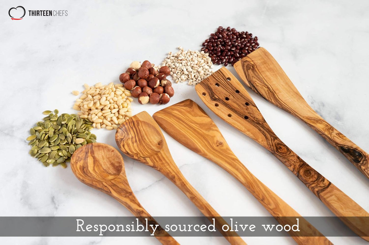 Tramanto Olive Wood Utensil Set - 5 Piece Spatula and Spoon Wooden Cooking Tools, 12 Inch Long, Rustic Hand Made with Gift Box