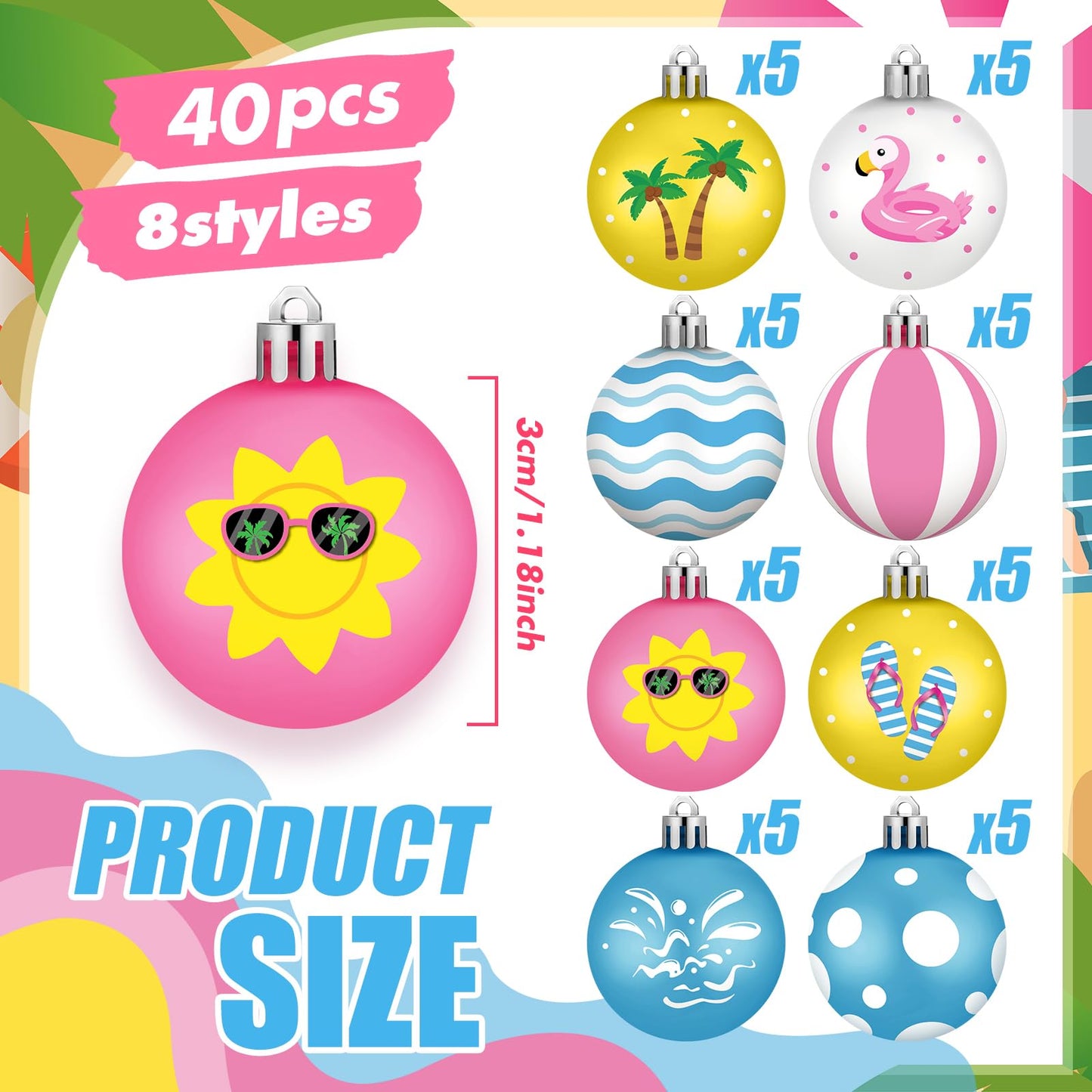 HyDren 40 Pcs Summer Tree Ornaments 1.2 Inch Mini Christmas in July Hanging Tree Decorations Coconut Dot Wave Stripe Flamingo Ornaments Tropical Party Decor for Home Luau Holiday Decorative Supplies