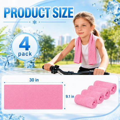 BobbleT Kids PVA Cooling Towels 4 Pack (30"x9") - Mini Instant Ice Cooling Towels for Neck & Face with UPF 50+ Sun Protection, Reusable Summer Heat Relief for Outdoor Activities, Pink
