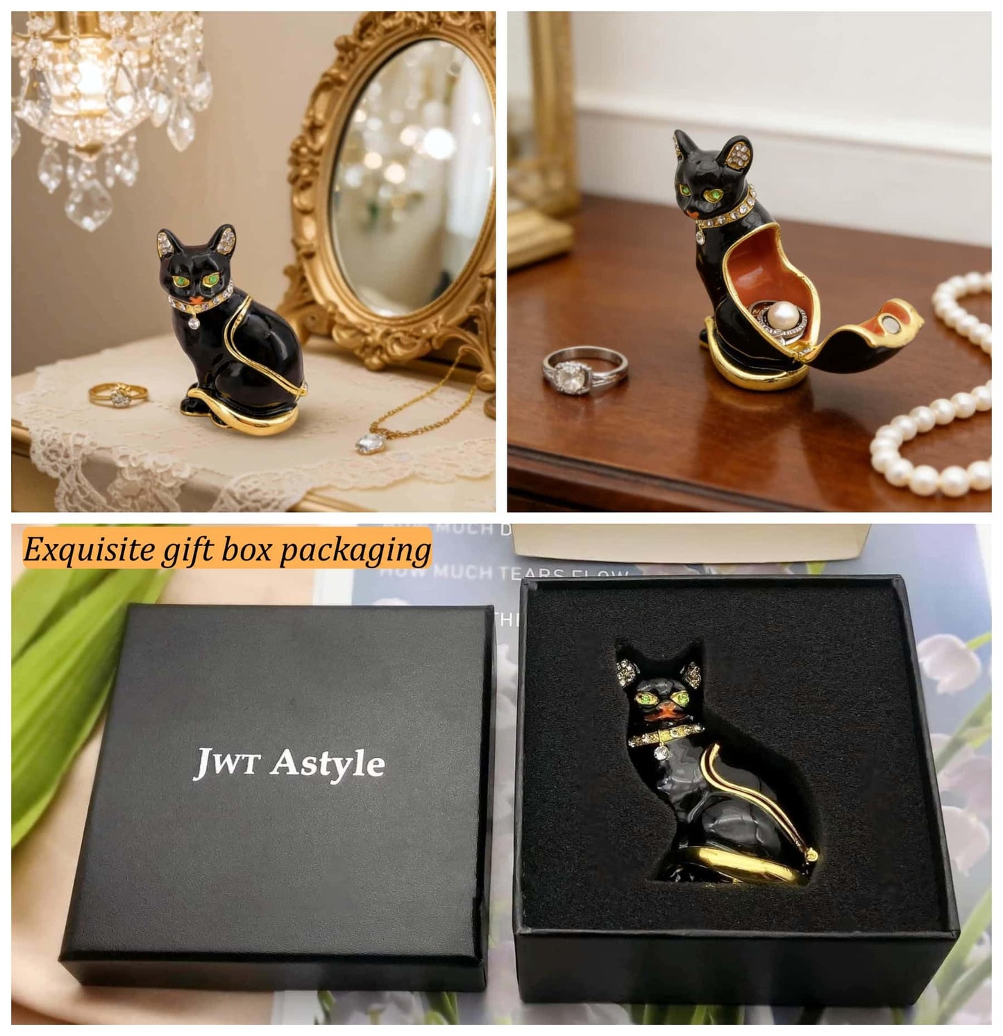 JWT Astyle Luxury Black Cat Hinged Jewelry Box with Crystals.Hand Painted Cat Figurine Trinket Box .Classic Animal Designs.Rings Earrings Necklace Storage Box, Cat Home Decor Gift