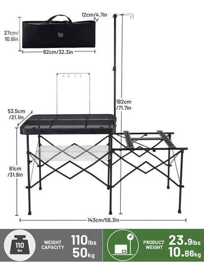 TIMBER RIDGE Portable Camping Kitchen Station, Folding Outdoor Cooking Grill Table with Heat-Resistant Steel Mesh Top & Storage Shelves, Heavy Duty Picnic RV Tailgating BBQ Easy Setup, 110lbs Capacity