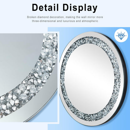 24 Inch Crushed Diamond Round Glass Wall Mirror, Bathroom Mirror, Wall Decoration Hanging Mirror, Suitable for Living Room, Bedroom, Vanity