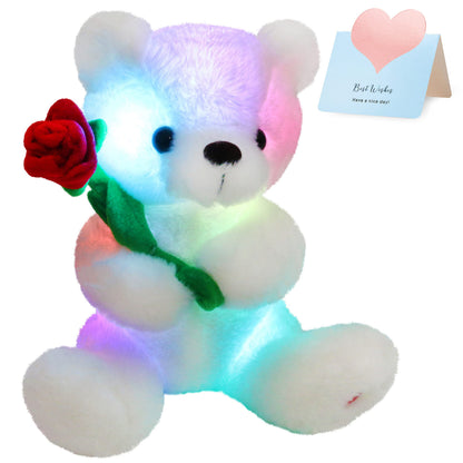 Houwsbaby Glow Teddy Bear with Rose White Bear Stuffed Animal Soft Light Up Plush Toy LED Night Lights Birthday Christmas for Kids Toddler Girlfriend,White,10.5''