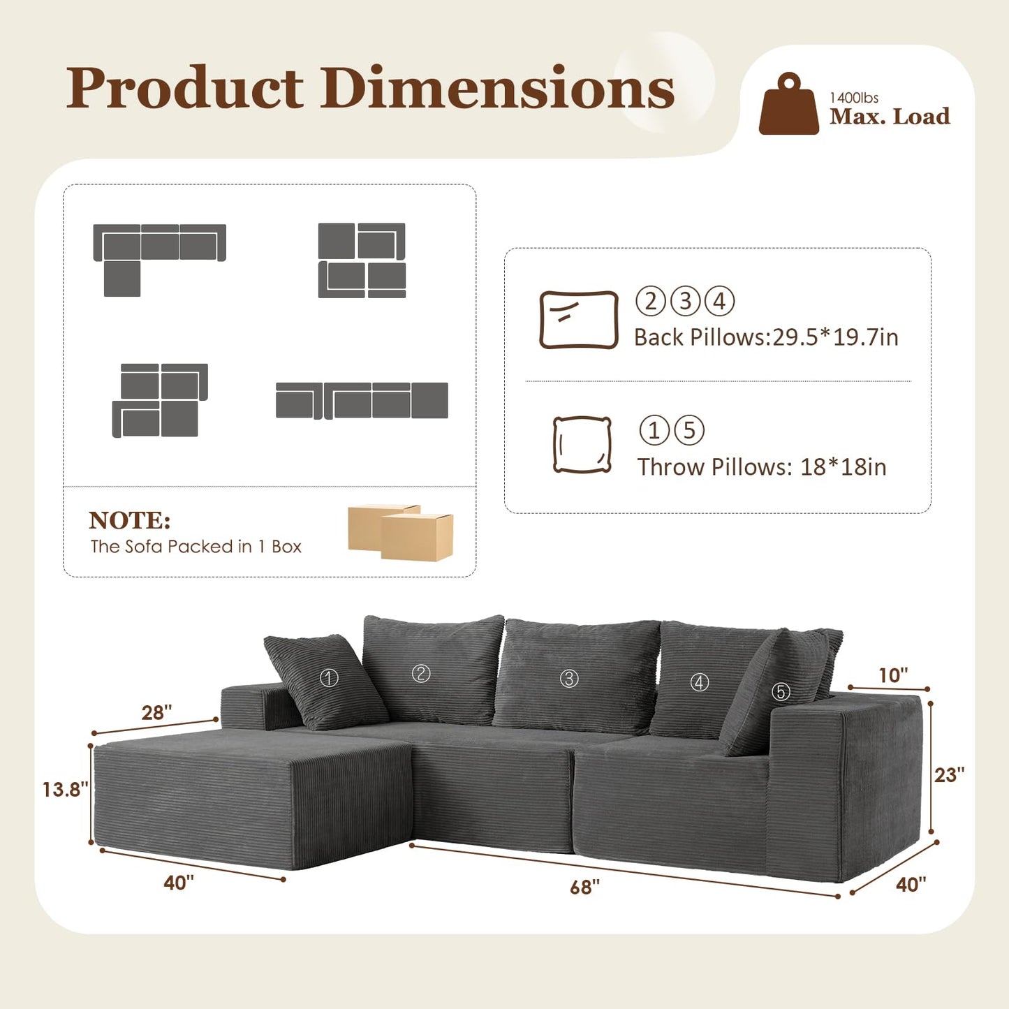 INGEROOM 108" Cloud Sectional Couch with L-Shape Chaise, Modular Sofa Memory Foam, Boneless Sofa with Movable Ottoman, Upholstered Couches for Living Room Bedroom, No Assembly Required, Dark Gray
