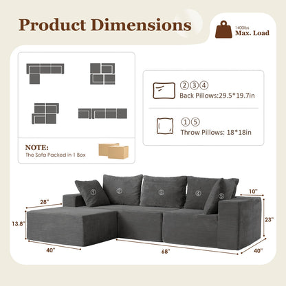 INGEROOM 108" Cloud Sectional Couch with L-Shape Chaise, Modular Sofa Memory Foam, Boneless Sofa with Movable Ottoman, Upholstered Couches for Living Room Bedroom, No Assembly Required, Dark Gray